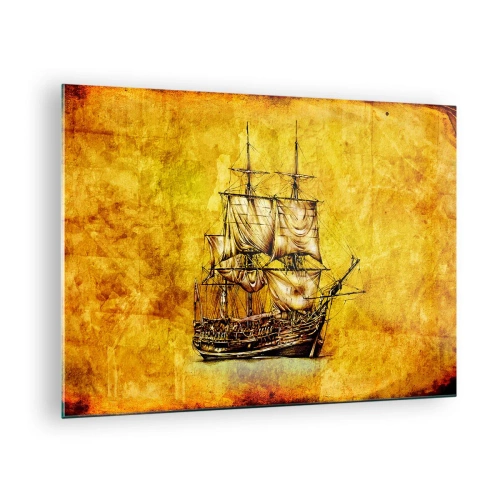Billede på glas - Et historisk sejlskib mod baggrunden af stiliseret pergament - 70x50cm - På vej til Tortuga! - Moderne vægdekoration til stue og soveværelse ARTTOR