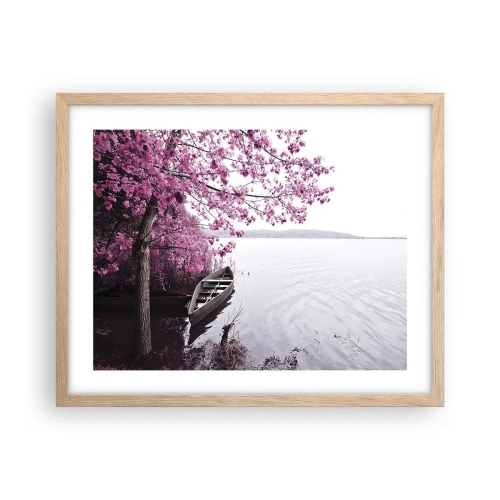 Plakat i ramme af lyst egetræ - I lyserød stilhed - 50x40 cm