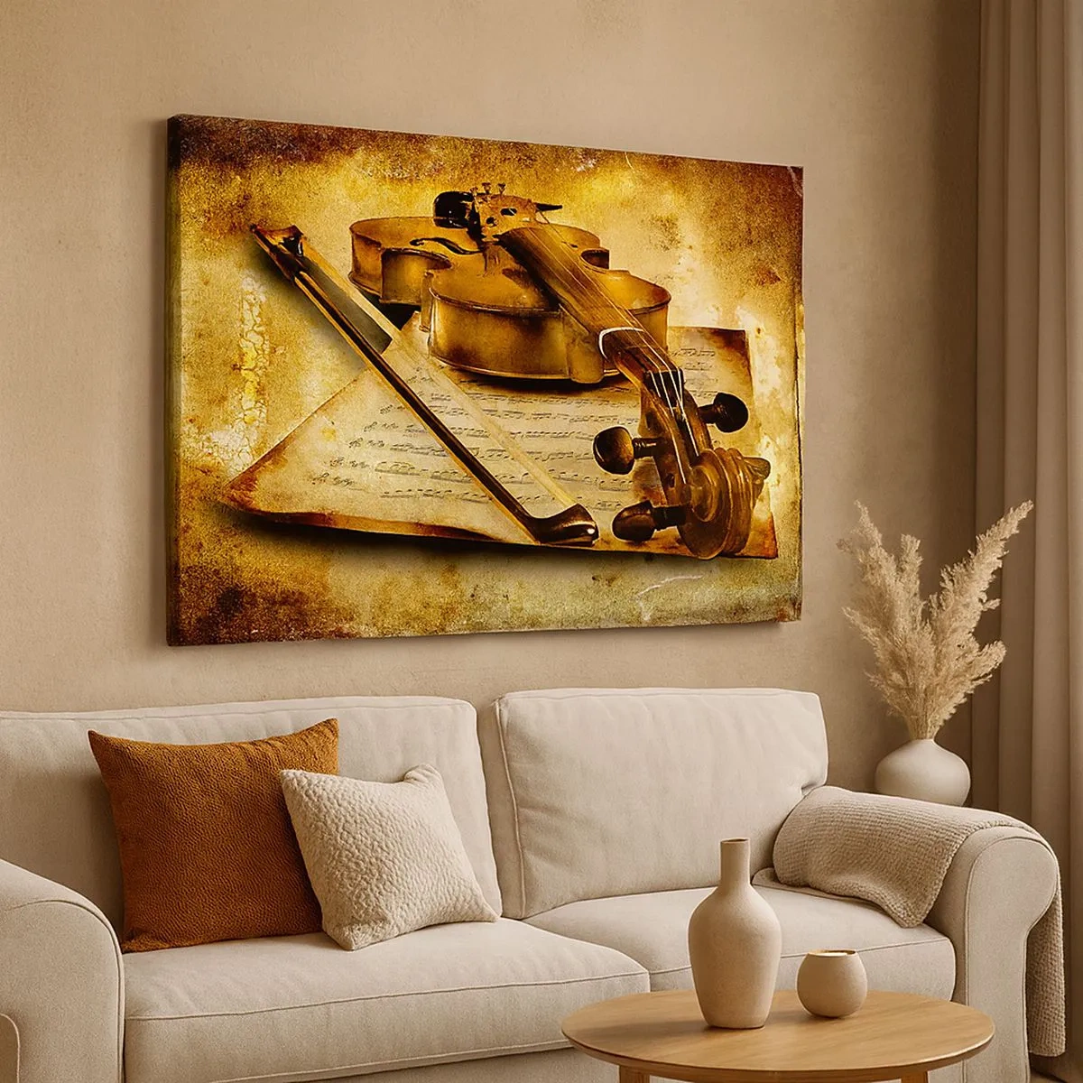 Lærredstryk - Billede på lærred - En violin med noder mod en vintage baggrund i varme toner - 70x50cm - Virtuos søges omgående - Moderne vægdekoration til stue og soveværelse ARTTOR
