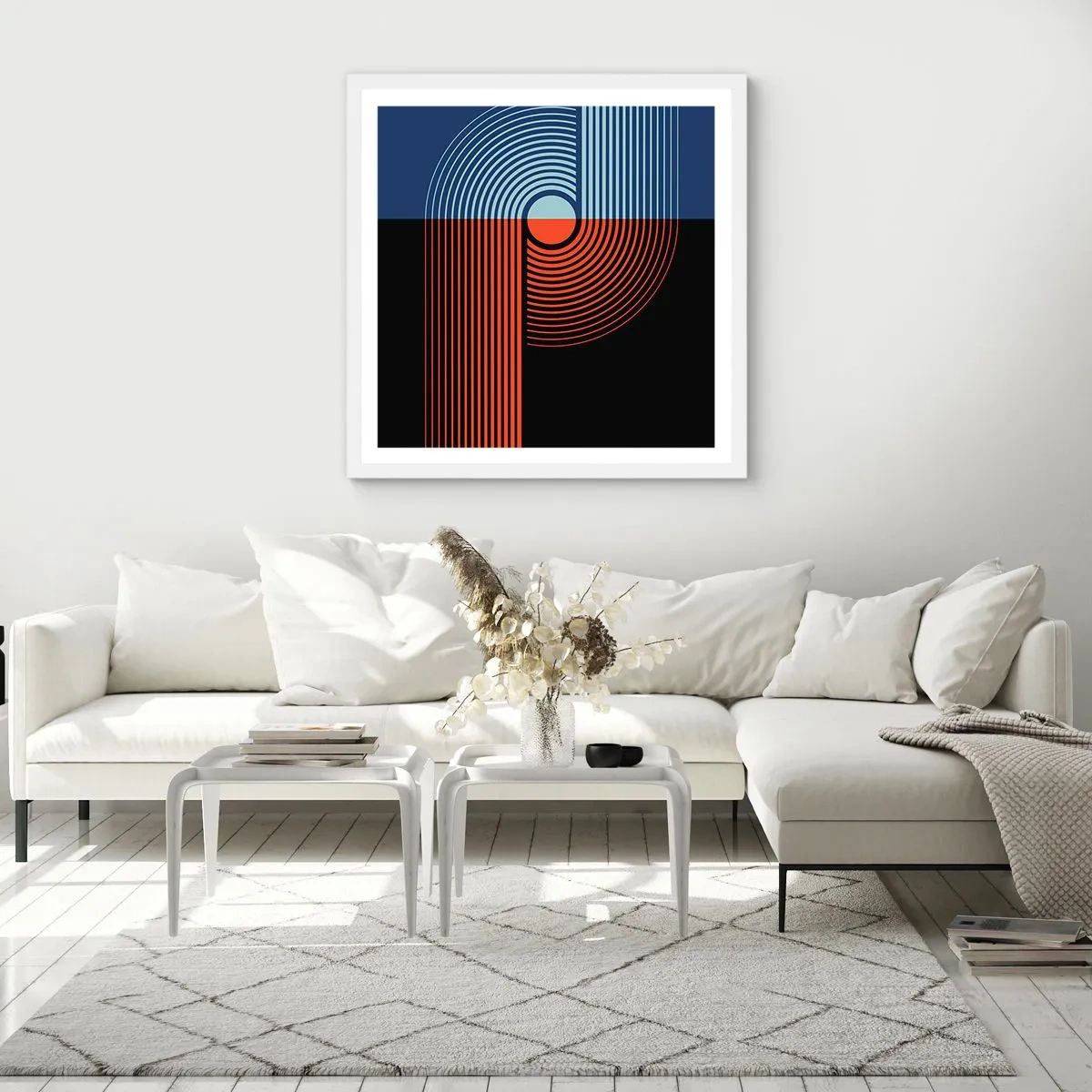 Plakat i hvid ramme - I en geometrisk omfavnelse - 50x50 cm
