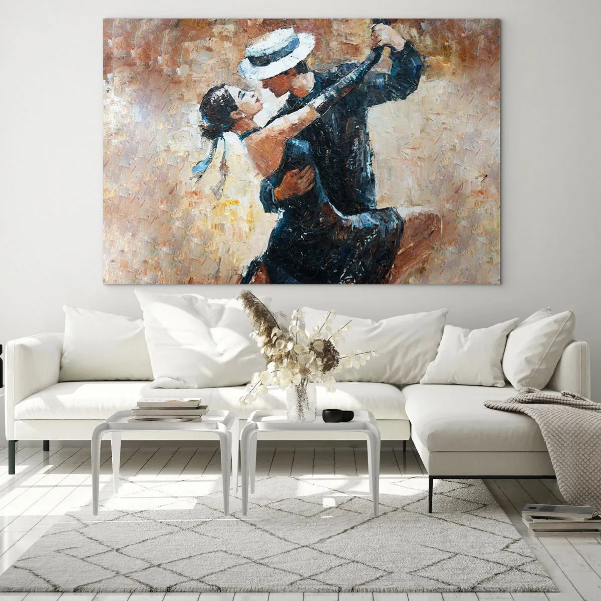 Billede på glas - Et par, der danser i en elegant stil med et klassisk præg - 70x50cm - A la Rudolf Valentino - Moderne vægdekoration til stue og soveværelse ARTTOR