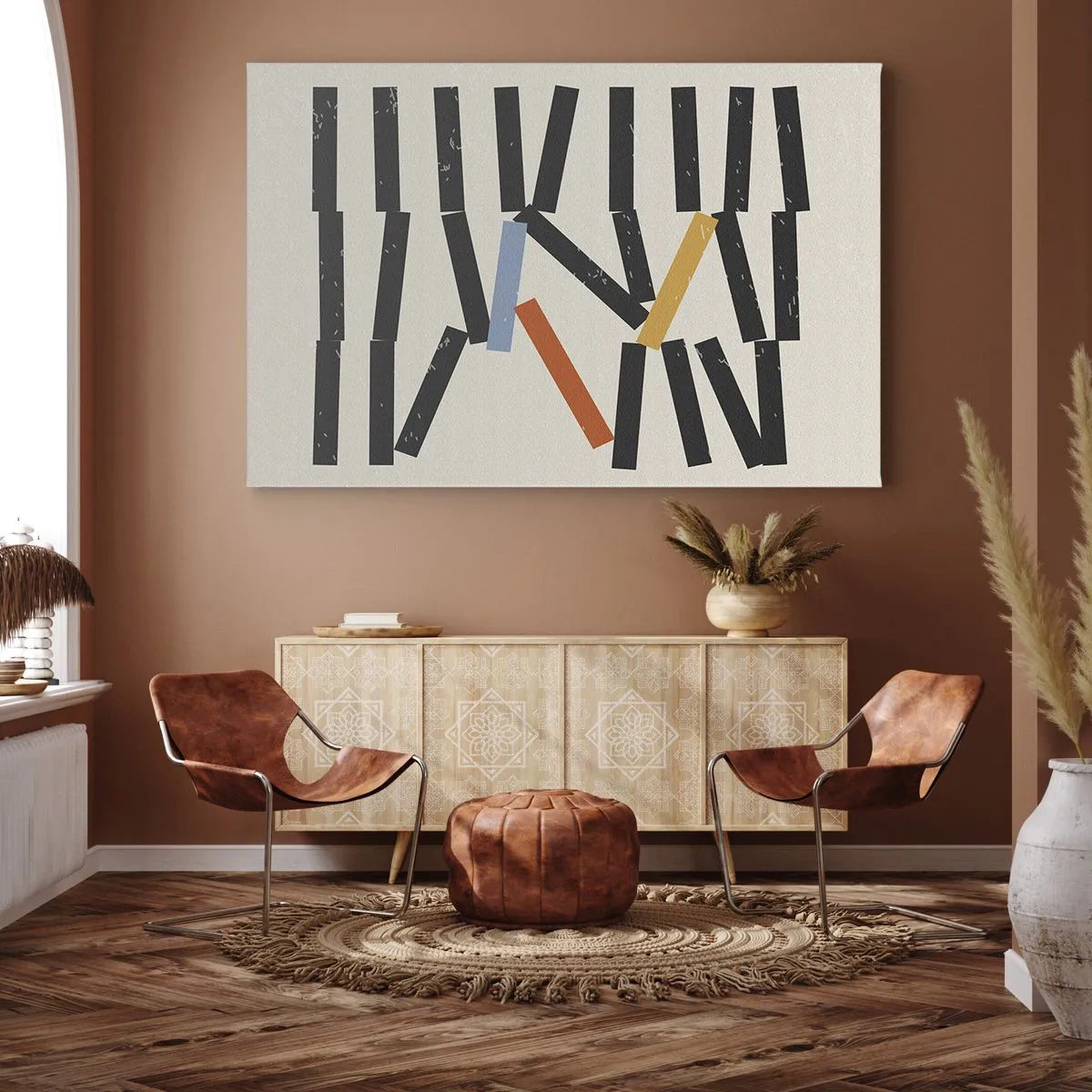Lærredstryk - Billede på lærred - Abstrakt komposition med farvede og sorte rektangler - 70x50cm - Dominoer - komposition - Moderne vægdekoration til stue og soveværelse ARTTOR