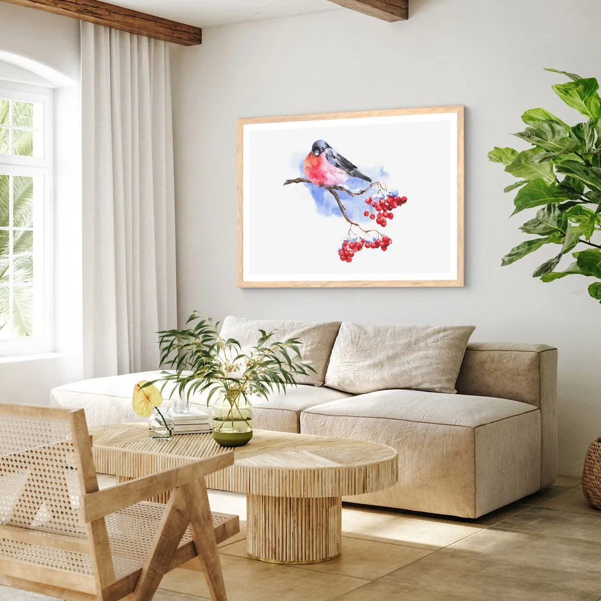 Plakat i ramme af lyst egetræ - Vinter i farver - 100x70 cm