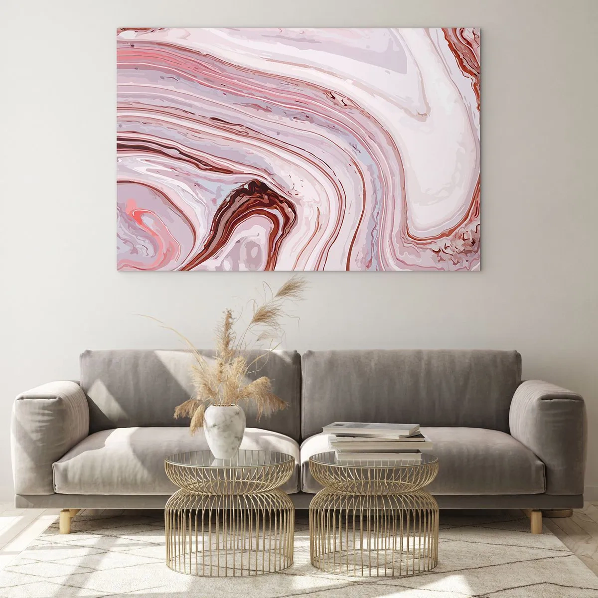 Billede på glas - Marmormønster i nuancer af lyserød og brun - 70x50cm - Lige frem og derefter til højre ned - Moderne vægdekoration til stue og soveværelse ARTTOR