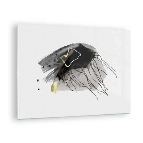 Billede på glas - Abstrakt komposition af sort og guld på en hvid baggrund - 70x50cm - I sort og guld - Moderne vægdekoration til stue og soveværelse ARTTOR