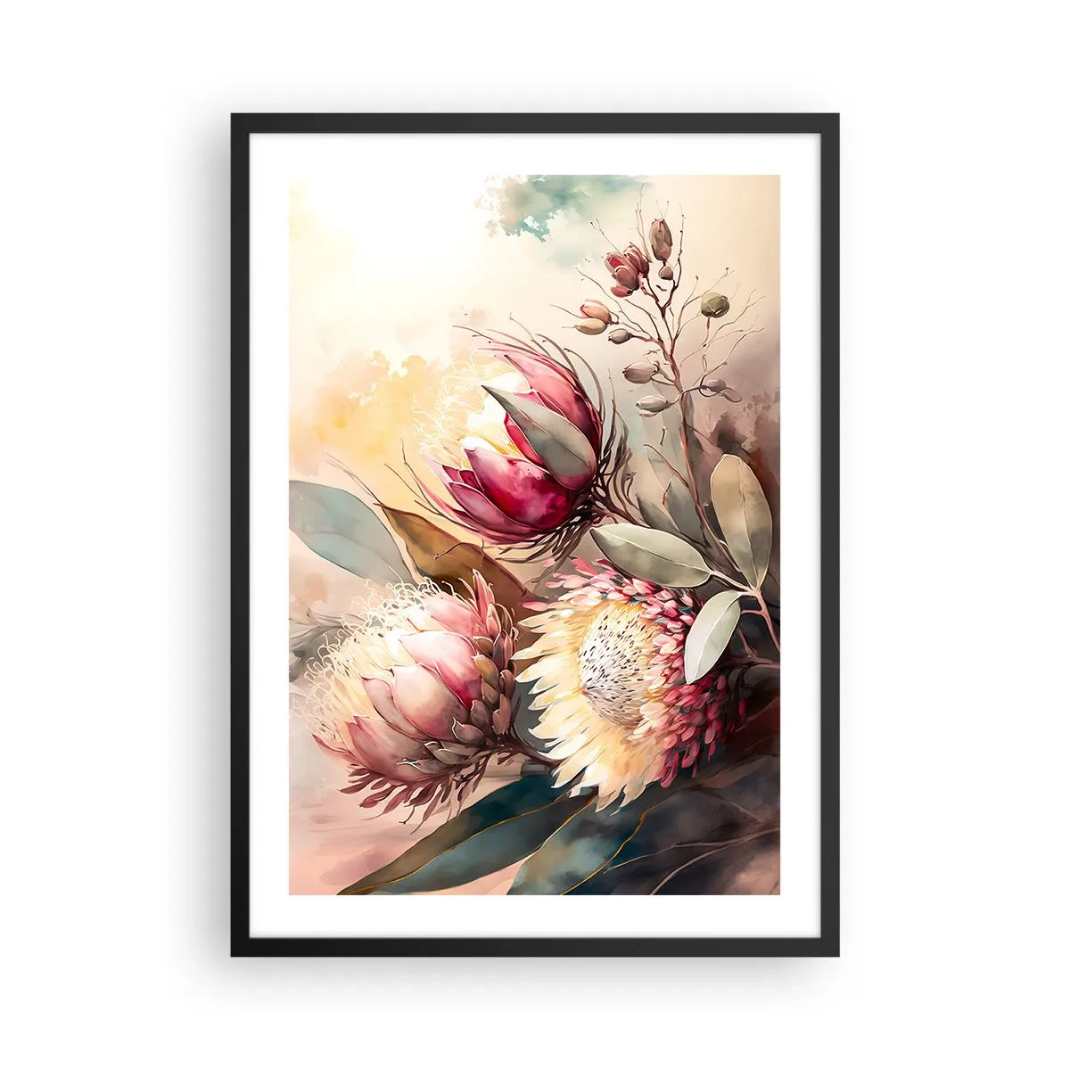 Plakat i sort ramme - En buket proteablomster i sarte farver - 50x70cm - I profil og en face - Moderne vægdekoration til stue og soveværelse ARTTOR