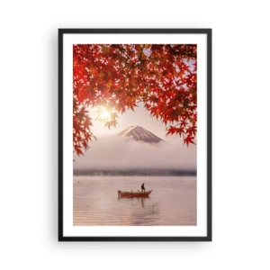 Plakat i sort ramme - Mount Fuji med en båd på en sø og efterårsblade - 50x70cm - I en japansk atmosfære - Moderne vægdekoration til stue og soveværelse ARTTOR
