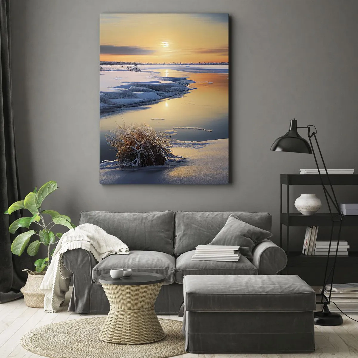 Lærredstryk - Billede på lærred - Vintersolnedgang - 65x120 cm