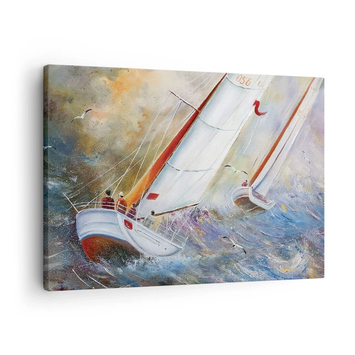 Lærredstryk - Billede på lærred - Sejlbåde på barske bølger i en dynamisk komposition - 70x50cm - Løber på bølgerne - Moderne vægdekoration til stue og soveværelse ARTTOR