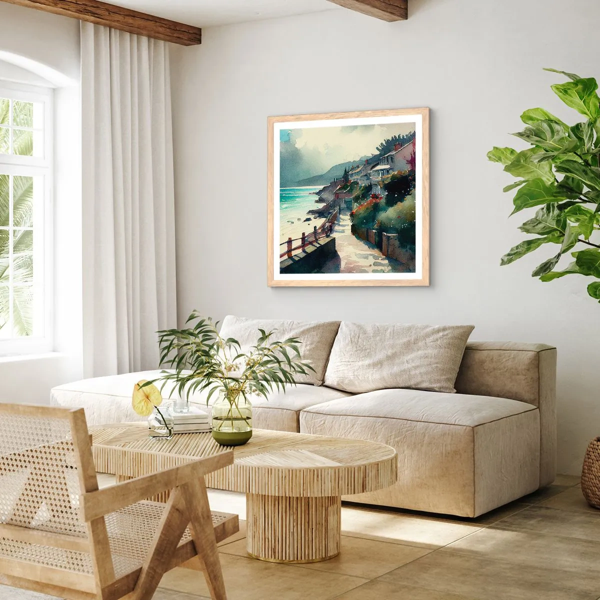 Plakat i ramme af lyst egetræ - Middelhavsby - 30x30 cm