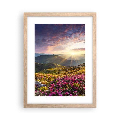 Plakat i ramme af lyst egetræ - Friskheden af en morgen i bjergene - 30x40 cm