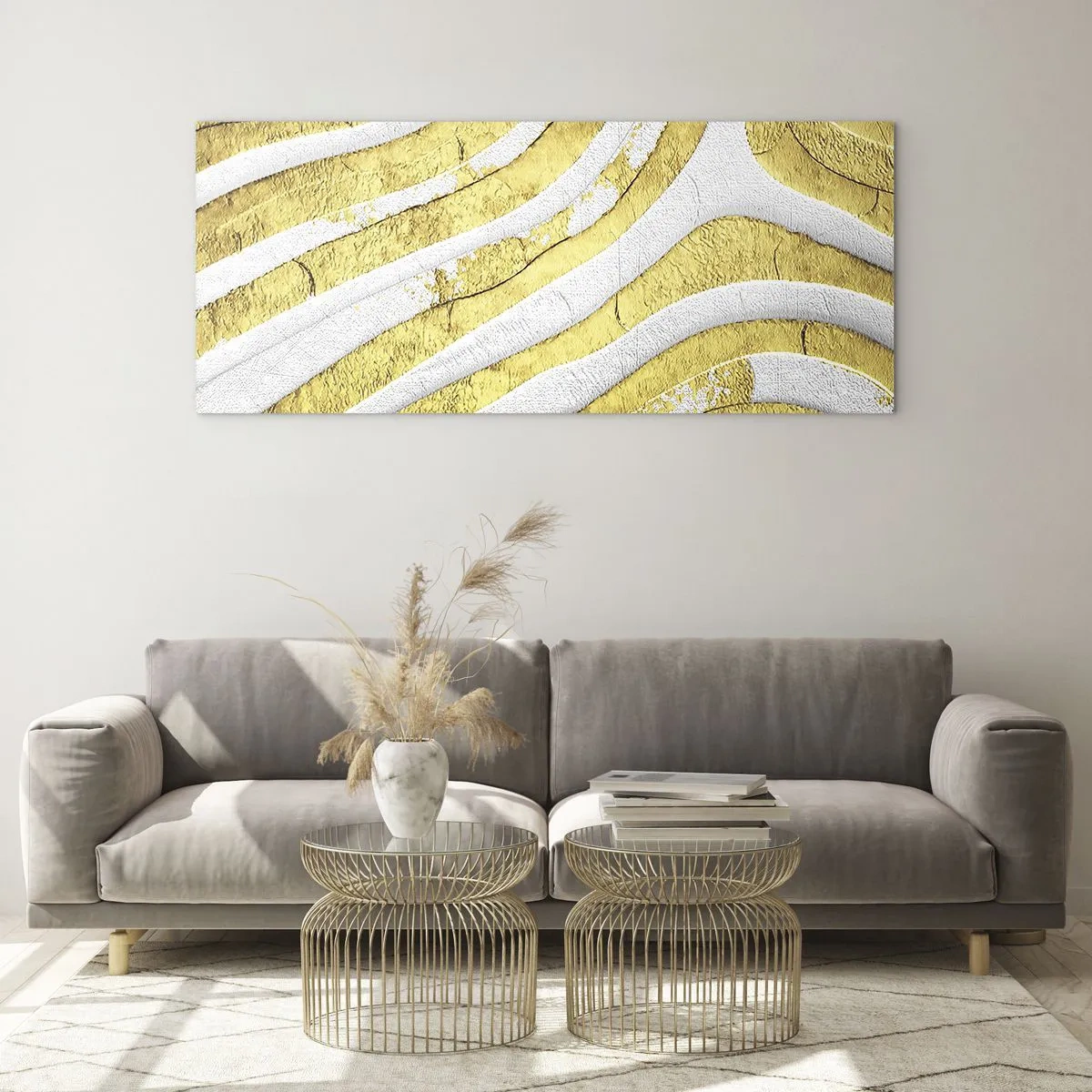 Billede på glas - Sammensætning i hvidt og guld - 140x50 cm