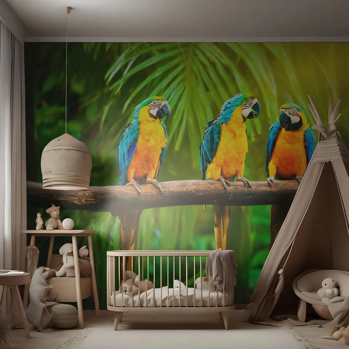 Fototapet Premium Sand - Og har du hørt, at hun...? - Fugle, Papegøjer, Natur - 100x70 cm