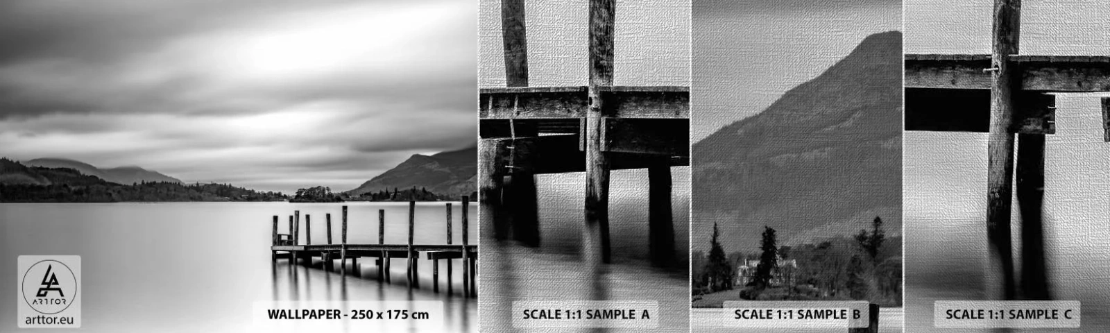 Prøve Fototapet Premium Canvas - Mildhed og styrke - Landskab, Sø, træbro - 100x30 cm