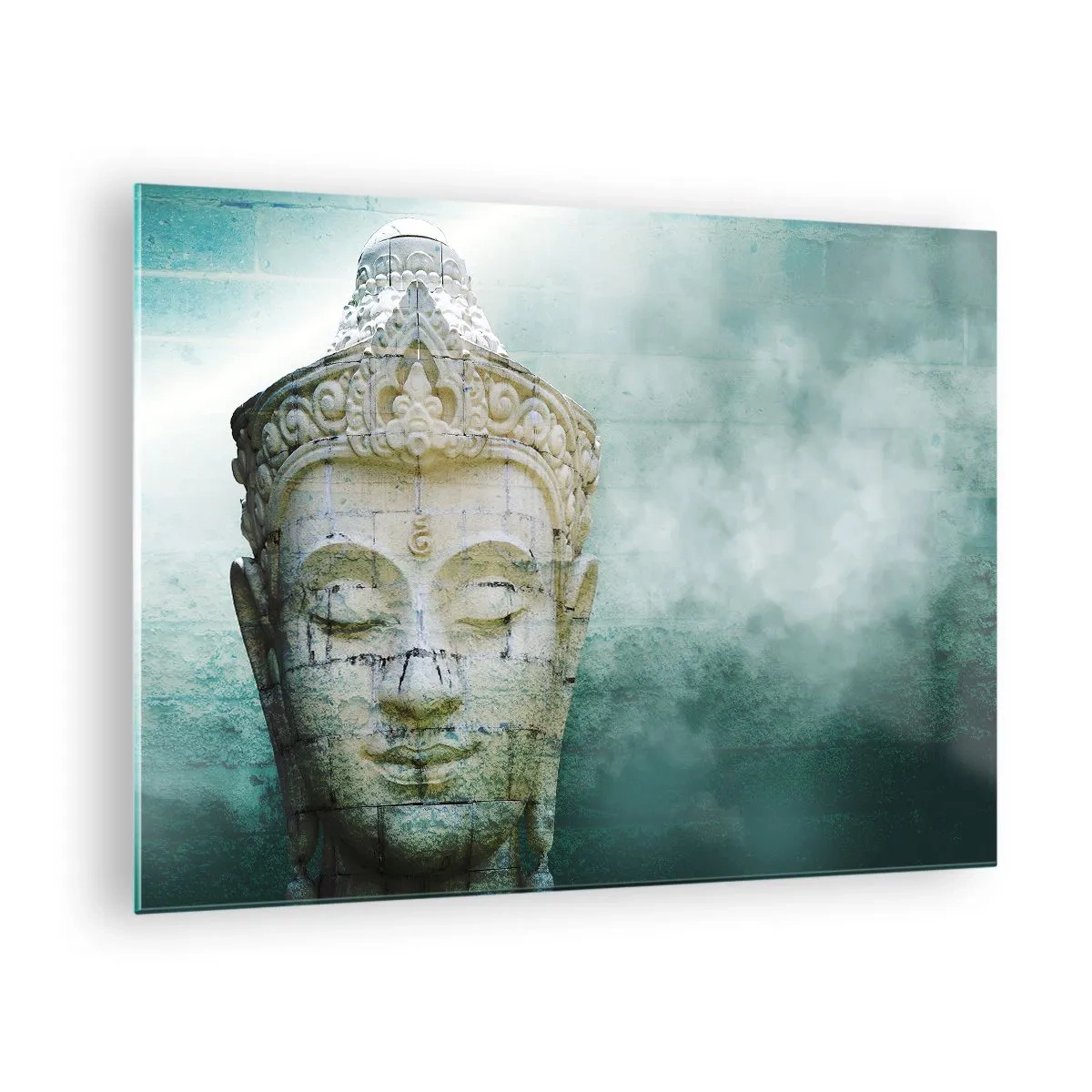 Billede på glas - Buddha-statue i en mystisk atmosfære - 70x50cm - På jagt efter lys - Moderne vægdekoration til stue og soveværelse ARTTOR