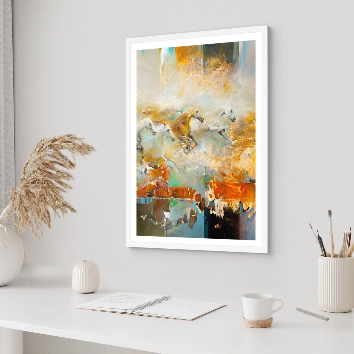 Plakat i hvid ramme - Galopperer gennem lyset - 70x100 cm