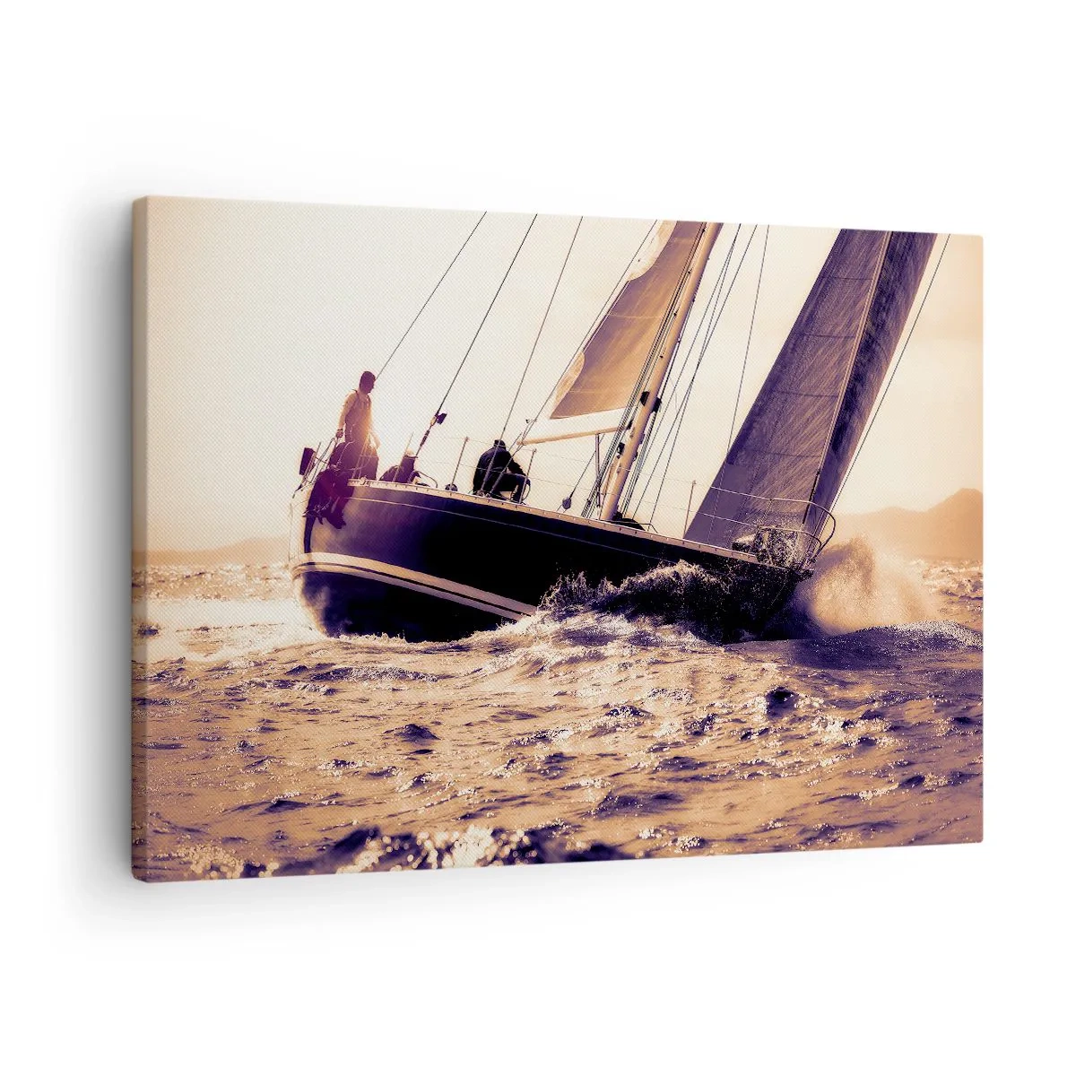 Lærredstryk - Billede på lærred - En yacht på et stormfuldt hav i lyset af den nedgående sol - 70x50cm - Sejl, sømand - Moderne vægdekoration til stue og soveværelse ARTTOR