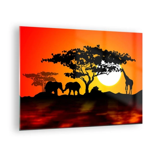 Billede på glas - Afrikansk landskab med træer og dyr ved solnedgang - 70x50cm - Møde på savannen - Moderne vægdekoration til stue og soveværelse ARTTOR