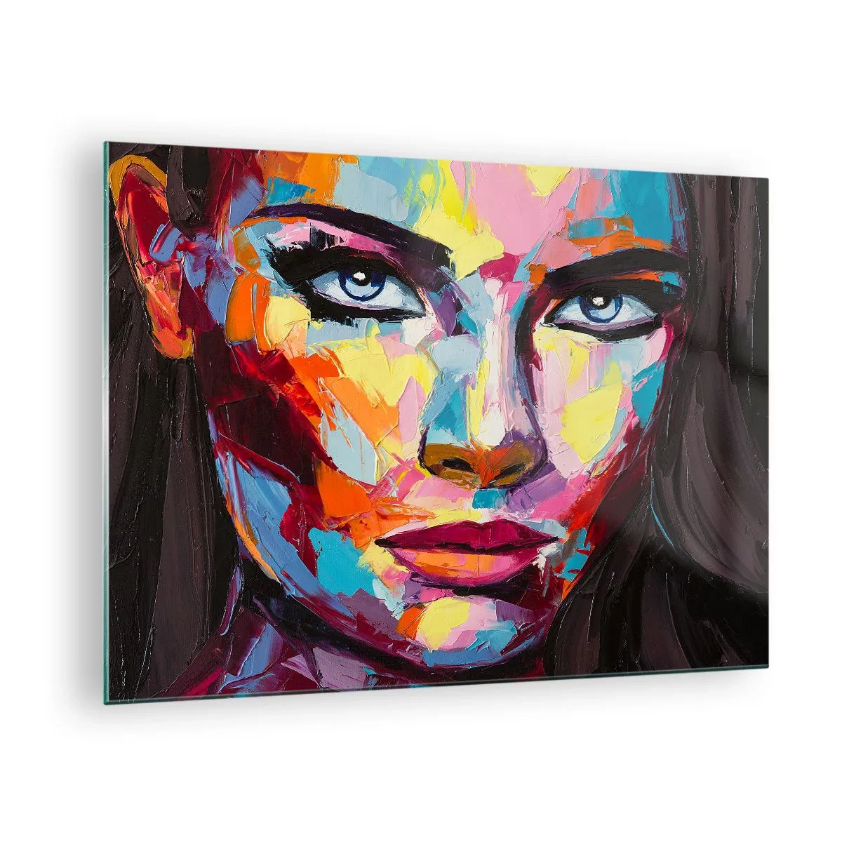 Billede på glas - Farverigt portræt af en kvinde i abstrakt stil - 70x50cm - Også en farverig sjæl - Moderne vægdekoration til stue og soveværelse ARTTOR