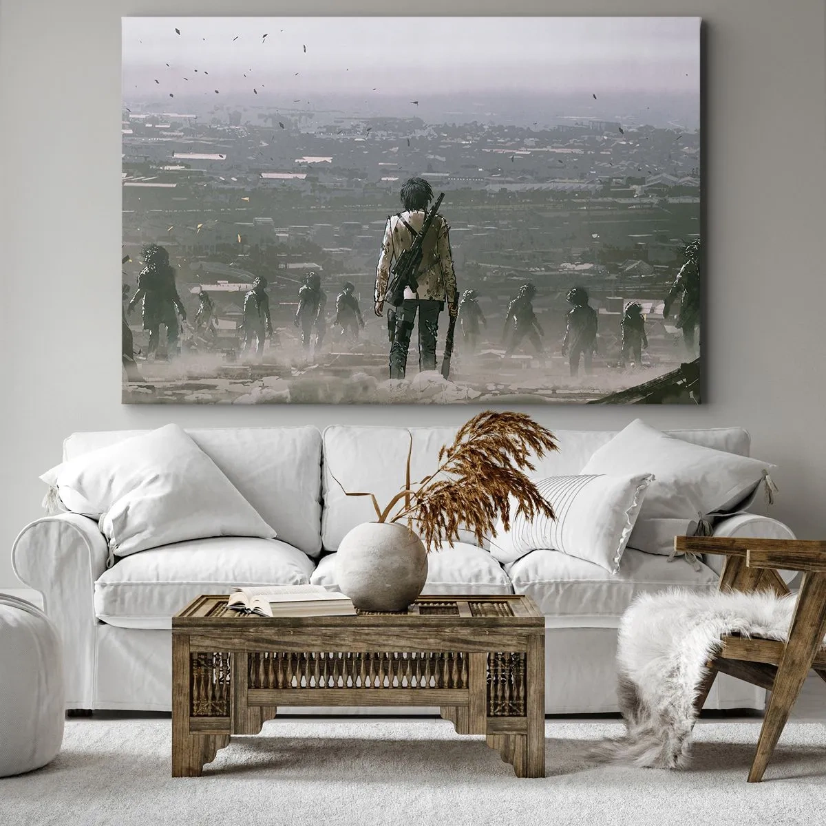Lærredstryk - Billede på lærred - En figur med en pistol står foran en gruppe i et dystopisk landskab. - 70x50cm - Den sidste retfærdige person? - Moderne vægdekoration til stue og soveværelse ARTTOR