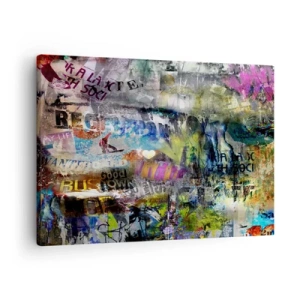 Lærredstryk - Billede på lærred - Abstrakt collage med tekst og forskellige farver - 70x50cm - En collage af minder - Moderne vægdekoration til stue og soveværelse ARTTOR