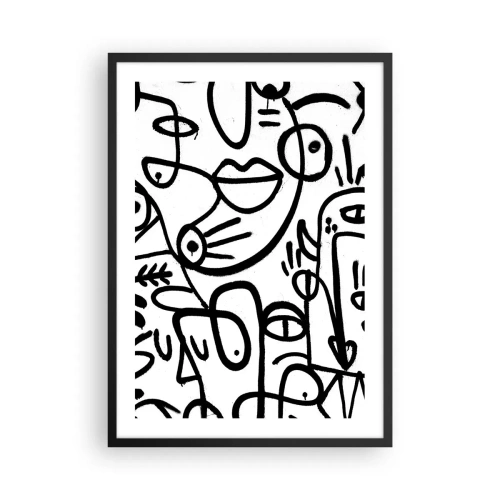 Plakat i sort ramme - Abstrakte sorte linjer på en hvid baggrund - 50x70cm - Ansigter og luftspejlinger - Moderne vægdekoration til stue og soveværelse ARTTOR