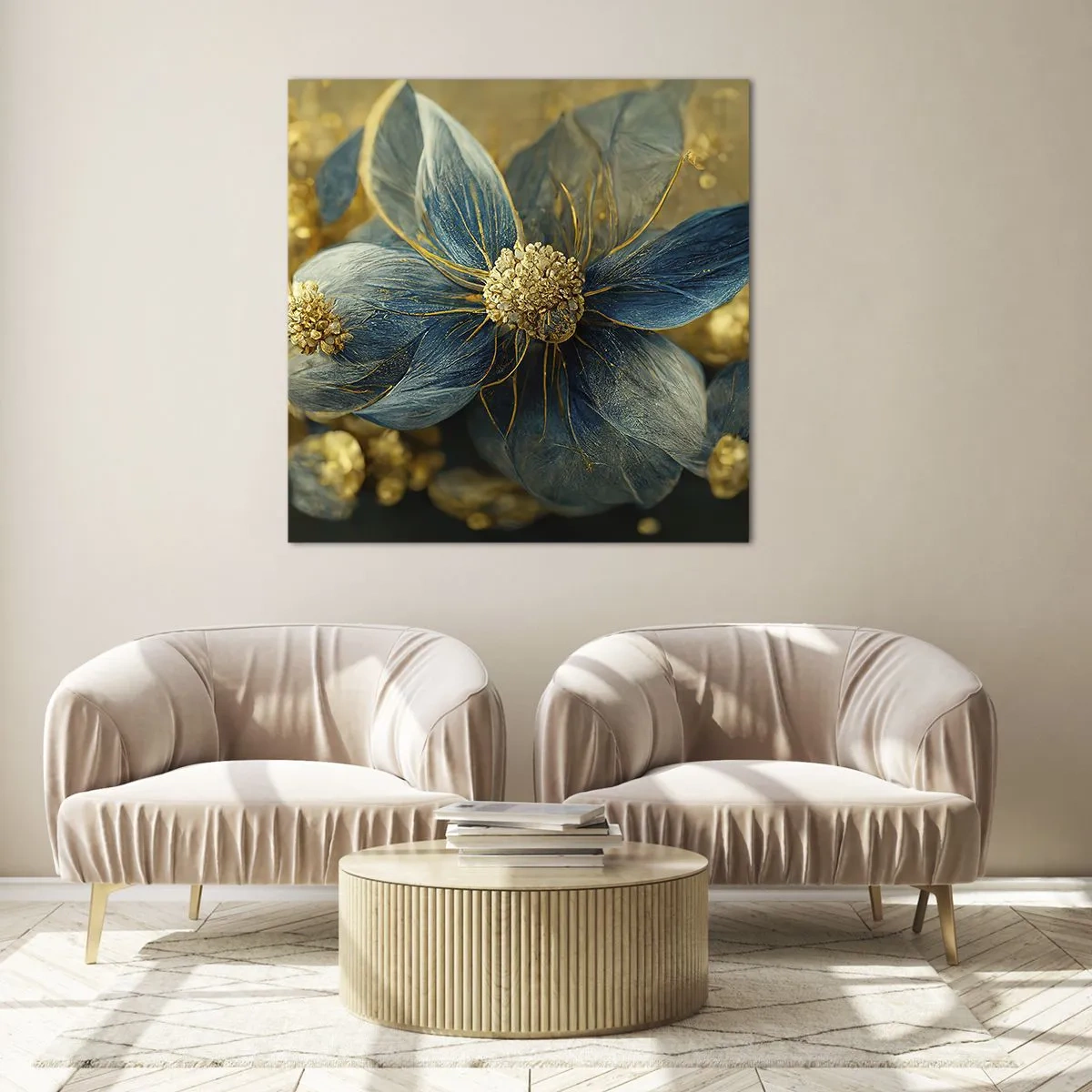 Billede på glas - Blomstre med guld - 30x30 cm