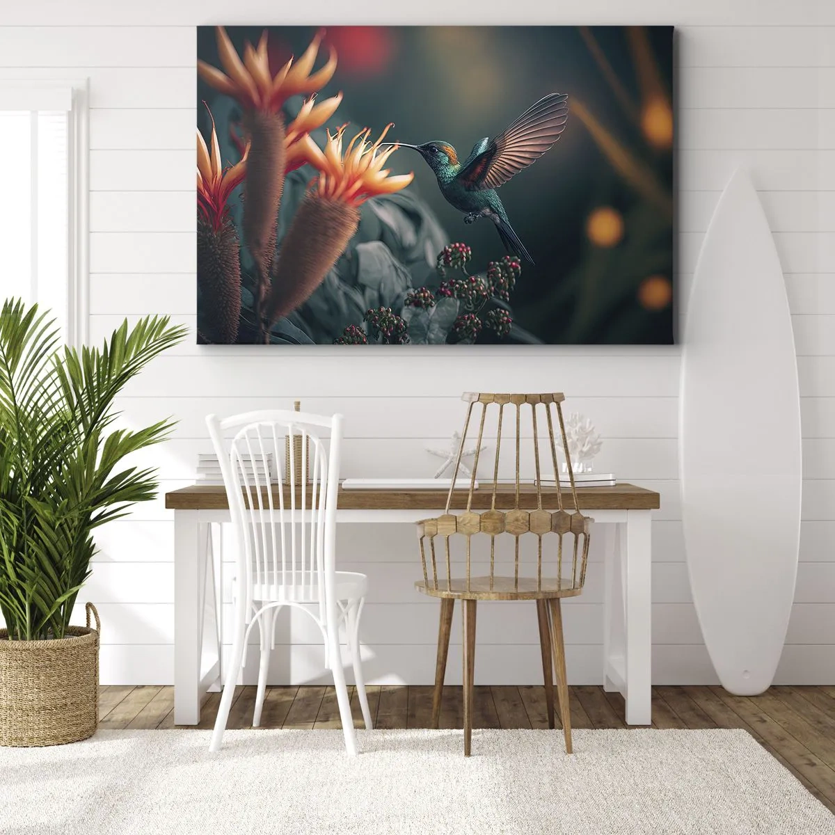Lærredstryk - Billede på lærred - En farverig kolibri ved blomster mod en naturlig baggrund - 70x50cm - Et virkelig farverigt liv - Moderne vægdekoration til stue og soveværelse ARTTOR