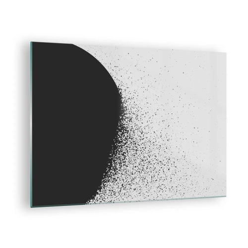 Billede på glas - Abstraktion af en sort masse, der falder fra hinanden, på en hvid baggrund - 70x50cm - Partikelbevægelse - Moderne vægdekoration til stue og soveværelse ARTTOR