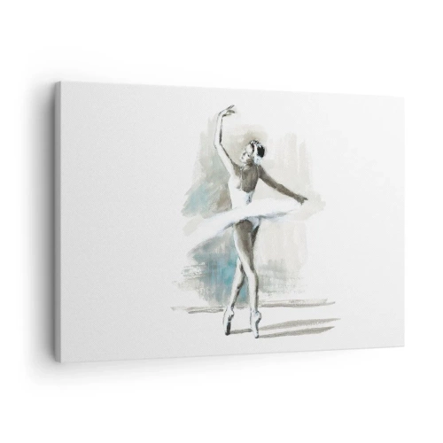 Lærredstryk - Billede på lærred - En balletdanser i balletpositur mod en baggrund af sarte akvareltoner. - 70x50cm - Fortryllet til en svane - Moderne vægdekoration til stue og soveværelse ARTTOR