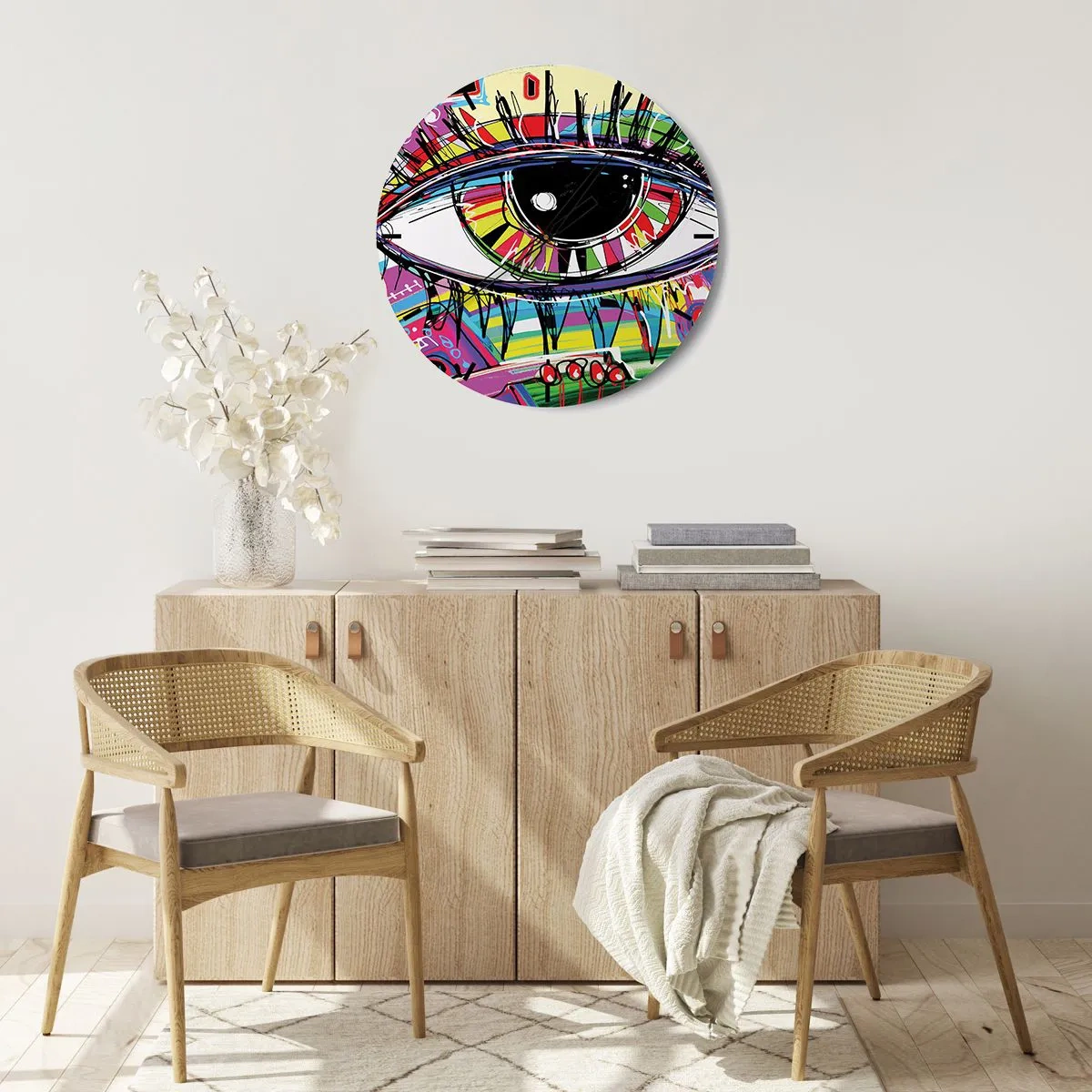 Vægur, Uret - Farverigt øje i abstrakt grafik - 30x30cm - Et farverigt øje - en farverig sjæl - Moderne vægdekoration til stue, køkken og soveværelse ARTTOR