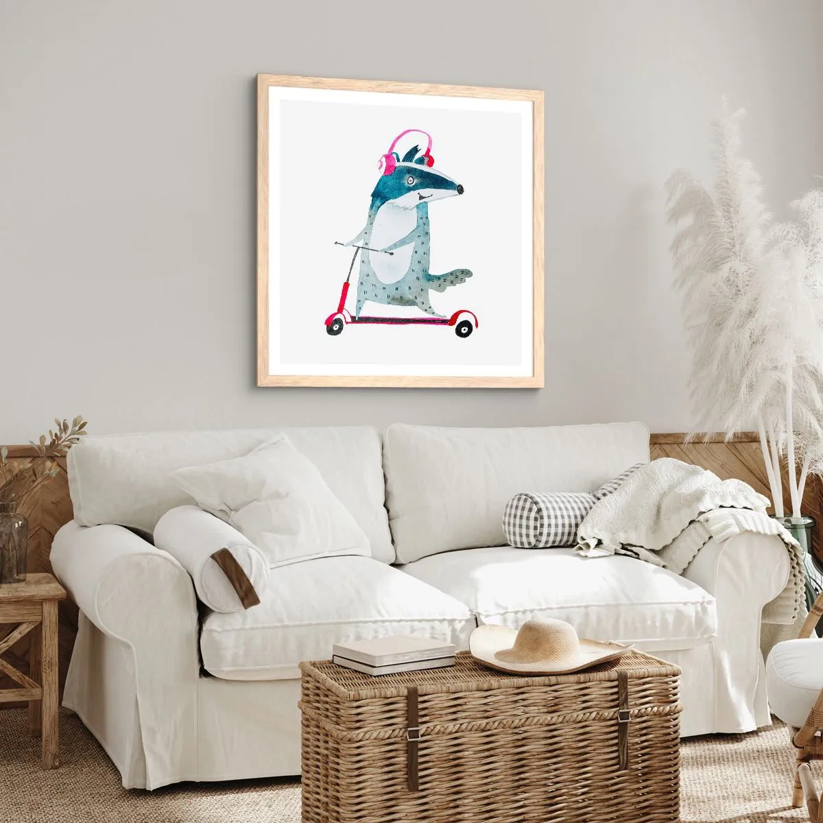Plakat i ramme af lyst egetræ - Grævlingens glæder - 30x30 cm