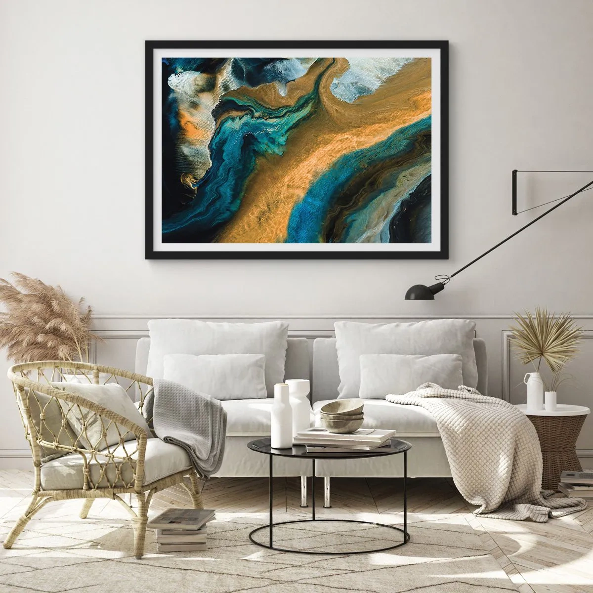 Plakat i sort ramme - Blå - gul - gensidig indflydelse - 100x70 cm