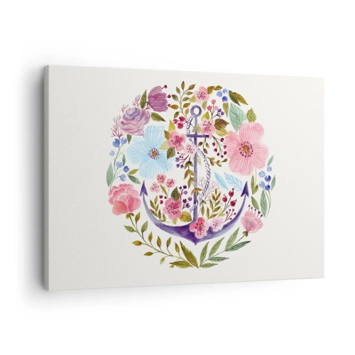 Lærredstryk - Billede på lærred - Et anker omgivet af akvarelblomster på en lys baggrund - 70x50cm - En sømands gode nattesøvn - Moderne vægdekoration til stue og soveværelse ARTTOR