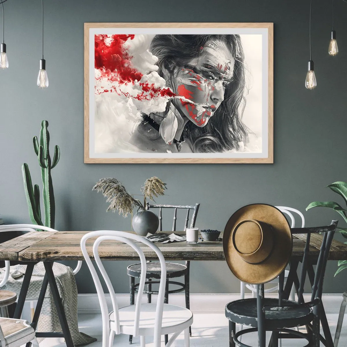 Plakat i ramme af lyst egetræ - I det absurdes damp - 100x70 cm