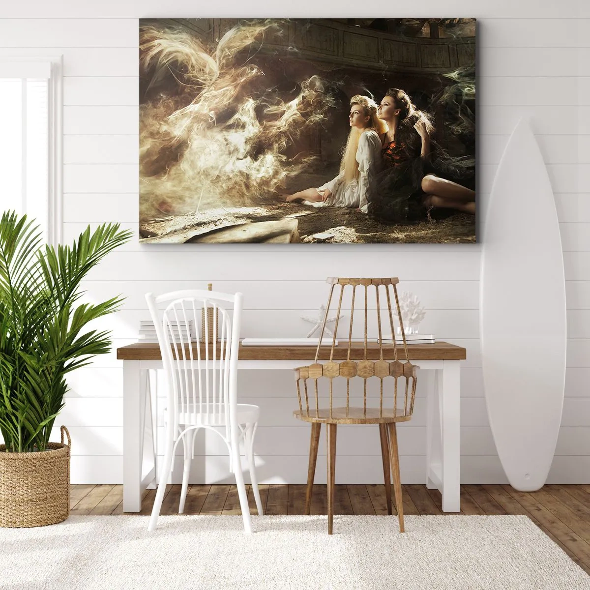 Lærredstryk - Billede på lærred - To kvinder i magiske omgivelser med æteriske lyseffekter. - 70x50cm - Og der skete poesi - Moderne vægdekoration til stue og soveværelse ARTTOR