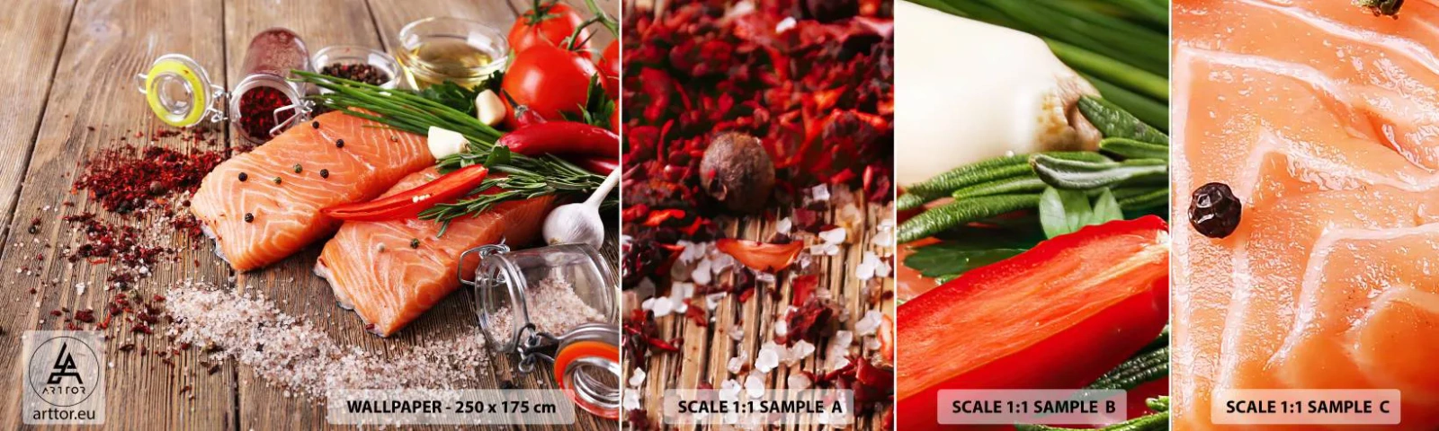 Prøve Fototapet Selvklæbende Deluxe Sticker - Norske køkken eventyr - Gastronomi, Laks, Krydderier - 100x30 cm