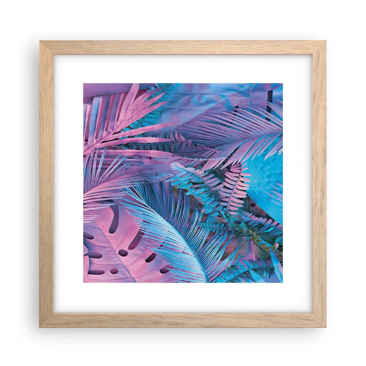 Plakat i ramme af lyst egetræ - Troperne i lyserød og blå - 30x30 cm