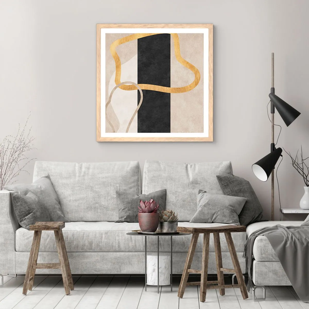 Plakat i ramme af lyst egetræ - Sløjfeformede former - 50x50 cm