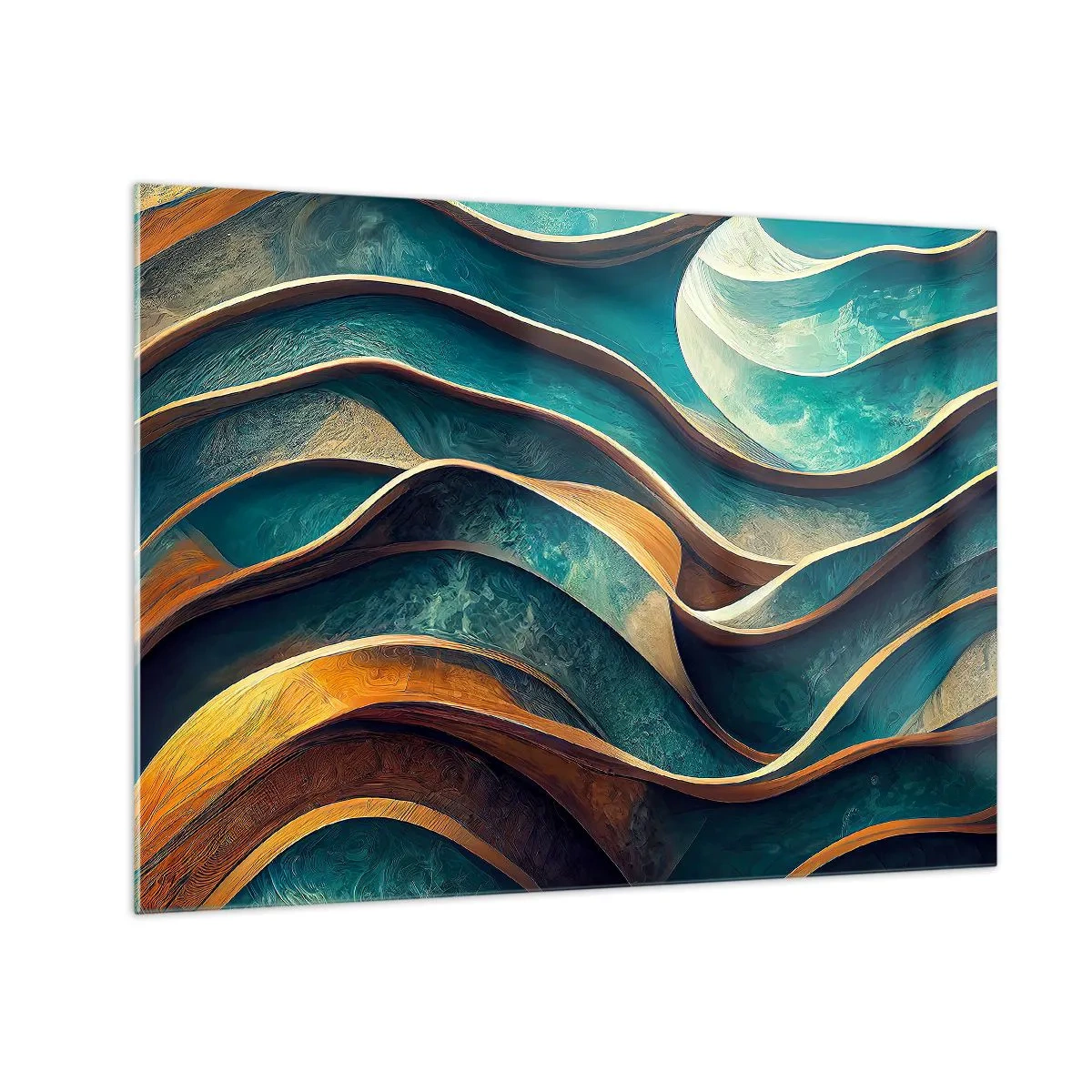 Billede på glas - Dynamiske linjer i blåt og kobber skaber bølger - 70x50cm - Slyngninger af blåt - Moderne vægdekoration til stue og soveværelse ARTTOR