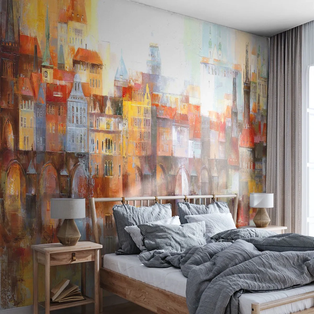 Fototapet Standard Eco - Et malerisk panorama af byen med broen spejlet i vandet - 100x70cm - Under broen også smuk - Moderne vægdekoration til stue og soveværelse ARTTOR