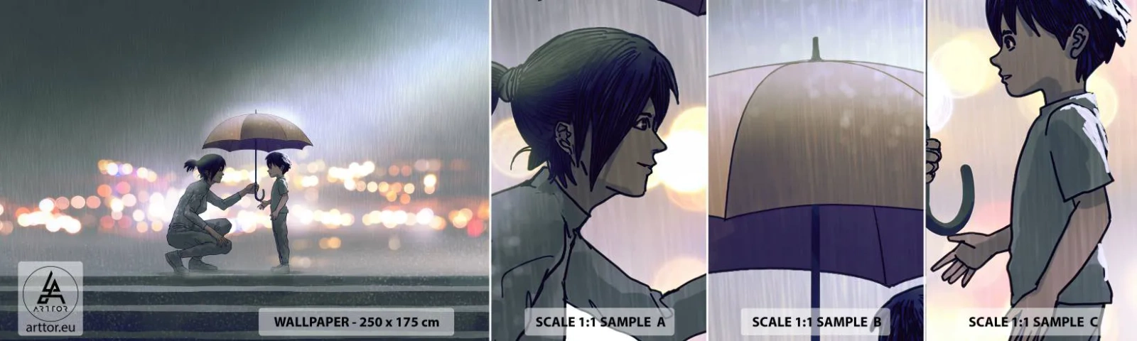 Prøve Fototapet Selvklæbende Deluxe Sticker - Og alt er godt nu - For børn, Familie, Paraply - 100x30 cm