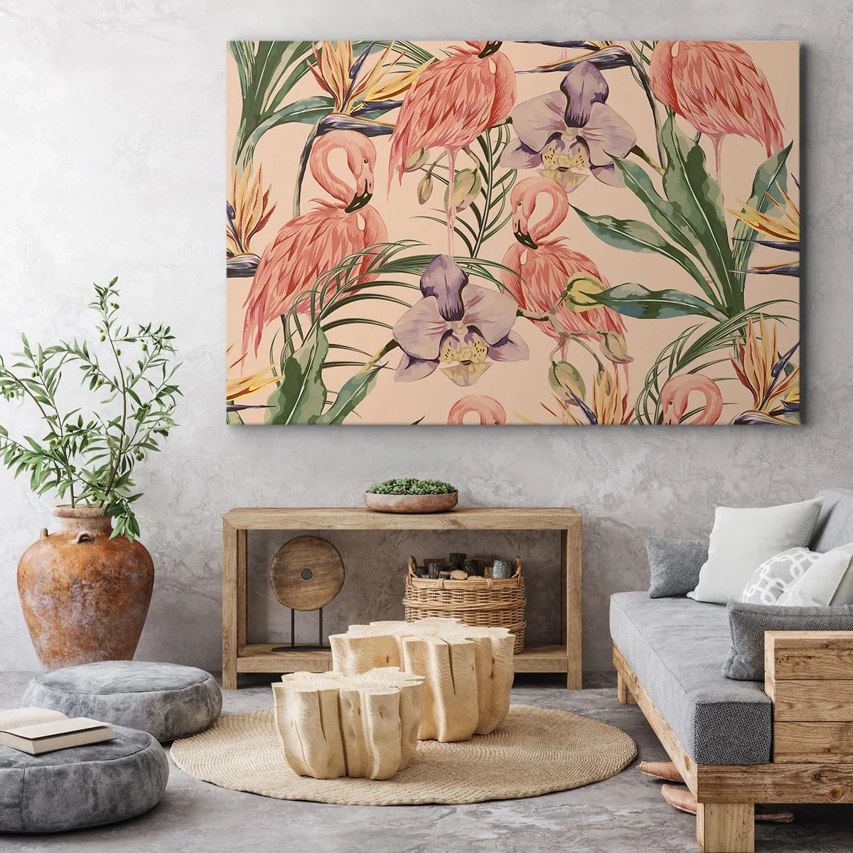 Lærredstryk - Billede på lærred - Flamingoer og tropiske blomster på en lys baggrund - 70x50cm - Lyserød blomstret ballet - Moderne vægdekoration til stue og soveværelse ARTTOR