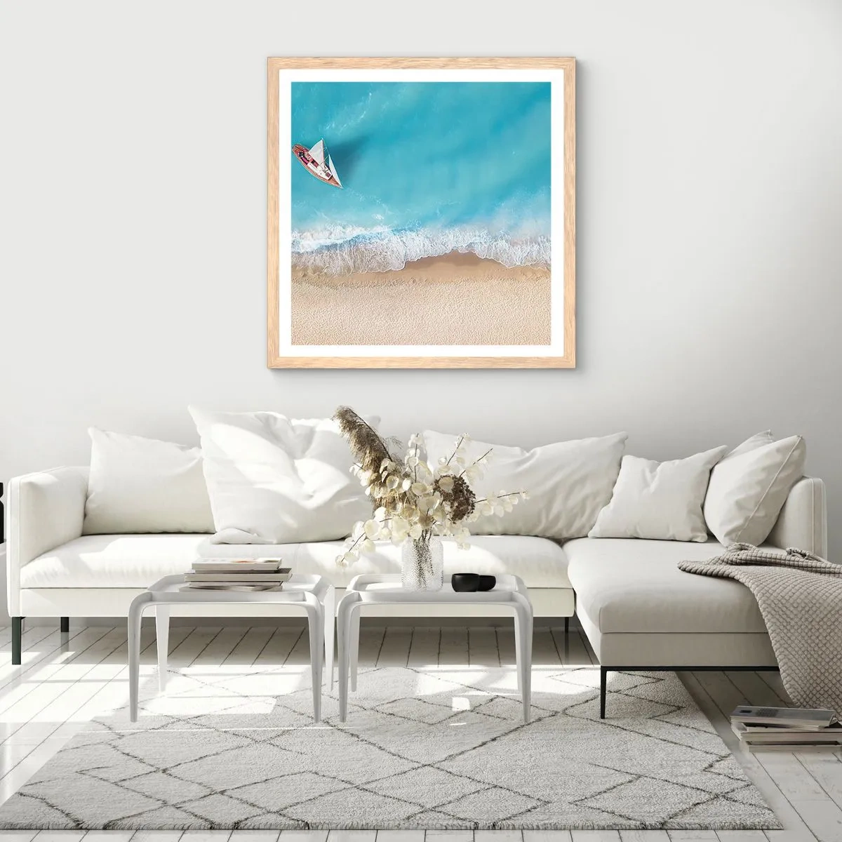 Plakat i ramme af lyst egetræ - På grænsen mellem blå og guld - 50x50 cm