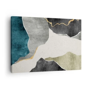 Lærredstryk - Billede på lærred - Geometriske former i nuancer af grå, grøn og guld - 70x50cm - Mosaikkomposition med en streng af guld - Moderne vægdekoration til stue og soveværelse ARTTOR