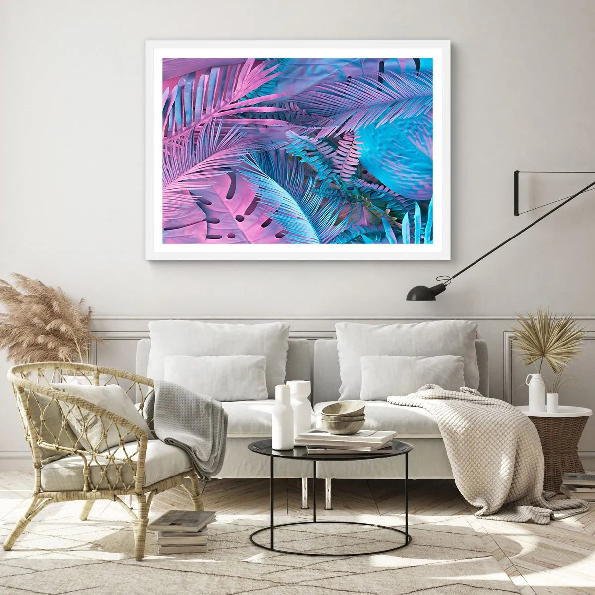 Plakat i hvid ramme - Troperne i lyserød og blå - 70x50 cm