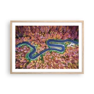 Plakat i ramme af lyst egetræ - En snoet vej gennem skoven - 70x50 cm