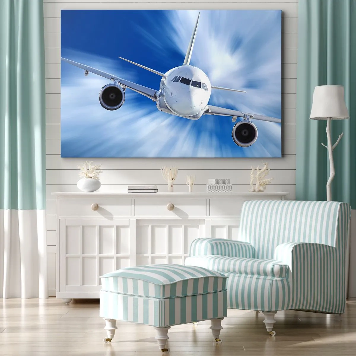 Lærredstryk - Billede på lærred - Et passagerfly i bevægelse mod himlen - 70x50cm - Hurtigere end vinden på himlen - Moderne vægdekoration til stue og soveværelse ARTTOR