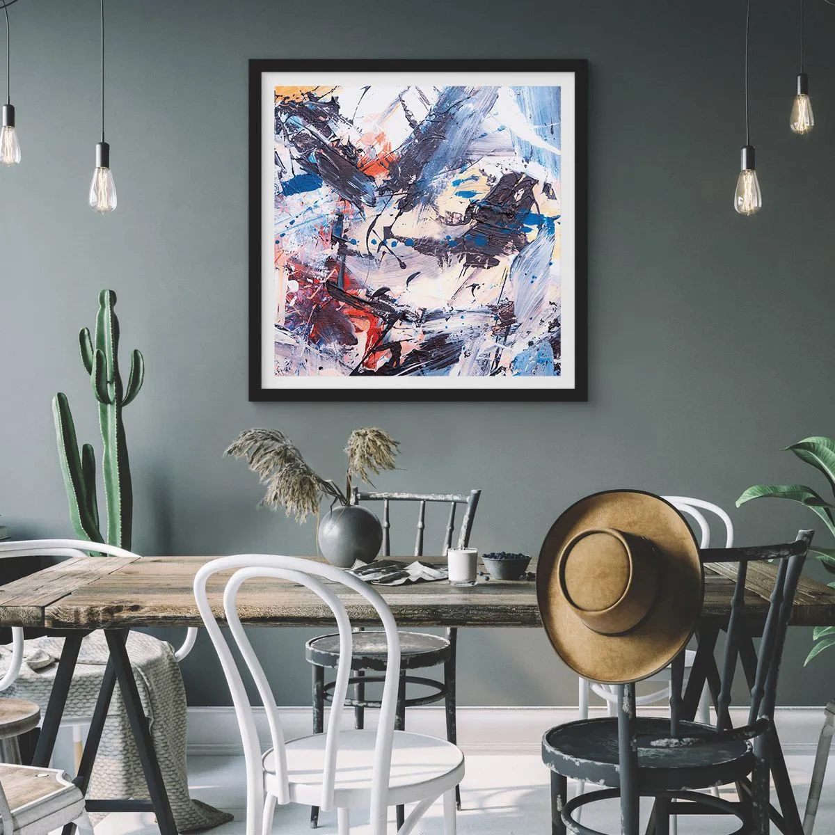 Plakat i sort ramme - Abstraktionens vanvittige dans - 40x40 cm