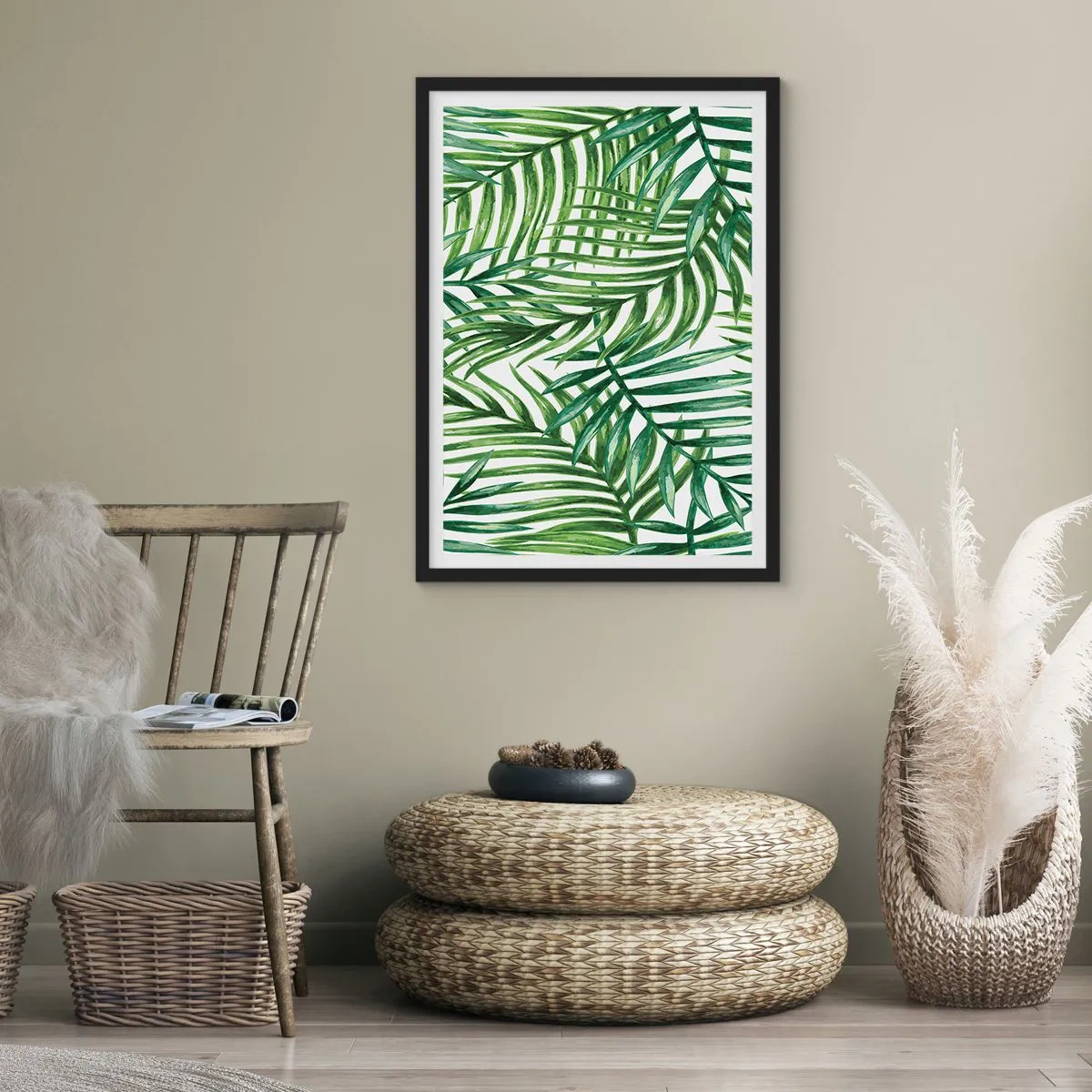 Plakat i sort ramme - Palmer i et minimalistisk botanisk mønster - 50x70cm - Under det grønne baldakin - Moderne vægdekoration til stue og soveværelse ARTTOR